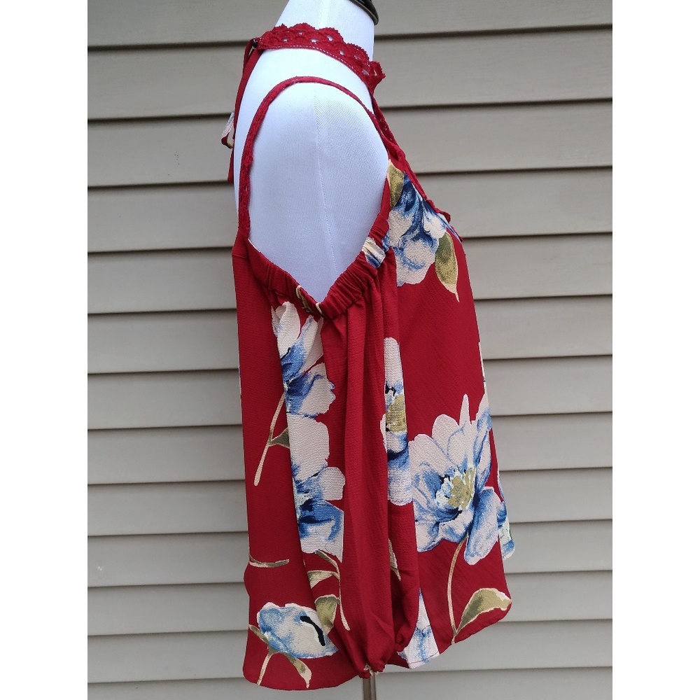 {LAST 1! S} Red Floral Blouse Choker Cold Shoulder - Picture 8 of 8